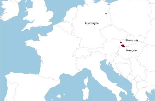 Localisation des foyers de fièvre aphteuse détectés en Europe depuis le 09/01/2025 (date de la première détection en Allemagne) en rouge clair, et sur les quatre dernières semaines (incidence mensuelle) en rouge foncé (source : Commission européenne ADIS le 02/04/2025)